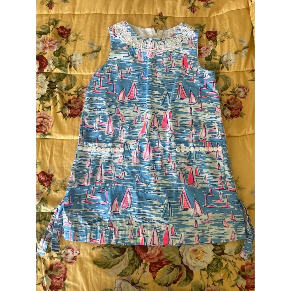 Lilly Pulitzer Girls Blue Pink Sailboat Print Lace Trim Shift Dress Size 7